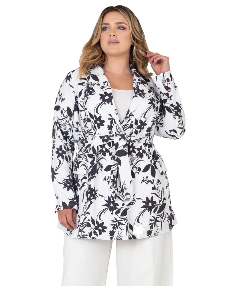 Front of a model wearing a size 3X Midge Wrap Blazer in Black & White Floral by Standards & Practices. | dia_product_style_image_id:280675